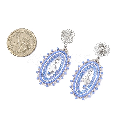 Cross Oval Glass Seed Bead Woven Stud Earrings EJEW-MZ00595-03-1