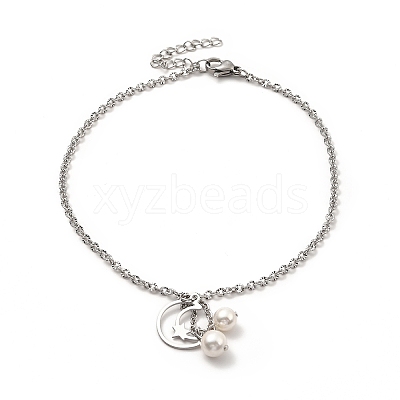 CCB Pearl & 304 Stainless Steel Charm Anklet for Women AJEW-C021-22P-1