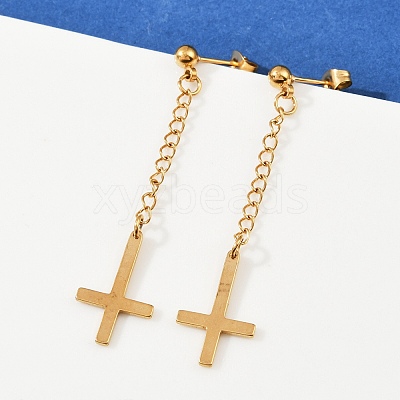 Christian Upside Down Cross 201 Stainless Steel Dangle Stud Earrings EJEW-P314-01B-G-1