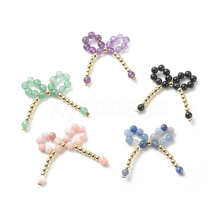 5Pcs 5 Styles Natural Mixed Gemstone Round Bowknot Connector Charms PALLOY-JF01943-1