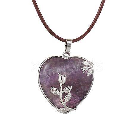 Natural Amethyst Heart Pendant Necklace with Cowhide Leather Cords NJEW-JN04598-01-1