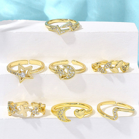 7Pcs 7 Styles Spring Day Theme Brass Micro Pave Clear Cubic Zirconia Cuff Rings for Women RJEW-S399-17G-1