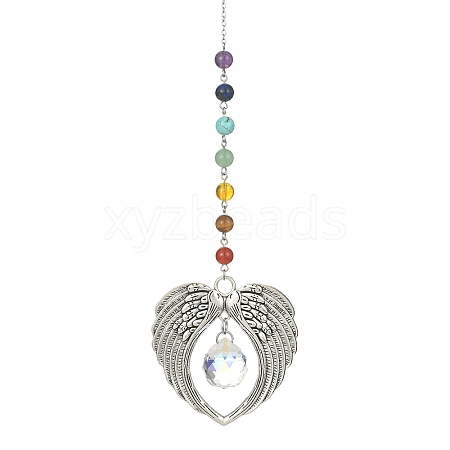 Glass Teardrop & Tibetan Style Alloy Wing Big Pendant Decorations HJEW-TA00065-1