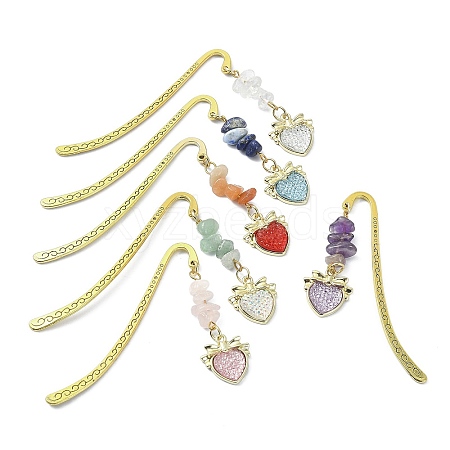 6Pcs 6 Style Natural Gemstone Beaded Pendant Bookmarks with Acrylic Heart AJEW-JK00261-1