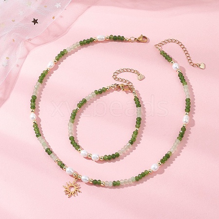 Dyed Natural Malaysia Jade & Natural Cultured Freshwater Pearl Bead Bracelets & Necklaces Sets SJEW-JS01373-02-1