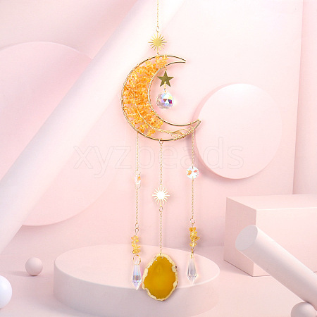 Wire Wrapped Natural Yellow Quartz Moon with Tree of Life Pendant Decorations HJEW-K046-07G-02-1