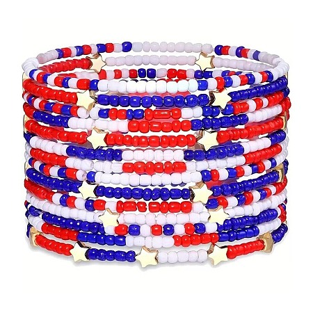 14Pcs Red White Blue Seed Bead Stretch Bracelets Set for Independence Day PW-WGE860D-01-1