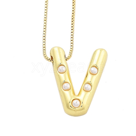 Brass & Plastic Pearl Letter Pendant Box Chain Necklaces for Women NJEW-U017-01G-22-1