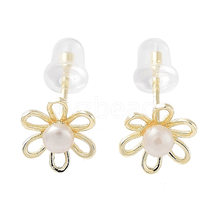 Natural Pearl Flower Stud Earrings EJEW-P256-70G-1