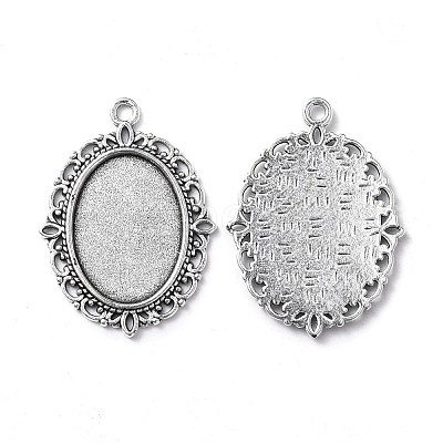 Tibetan Style Antique Silver Alloy Flat Oval Pendant Cabochon Settings X-TIBEP-M022-19AS-1