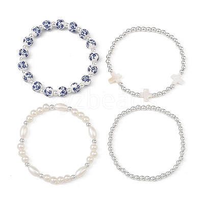 4Pcs 4 Styles Printed Porcelain Beads & Synthetic Hematite Beads & Shell Beads & ABS Plastic Pearl Stretch Bracelets Sets for Women BJEW-JB14203-01-1