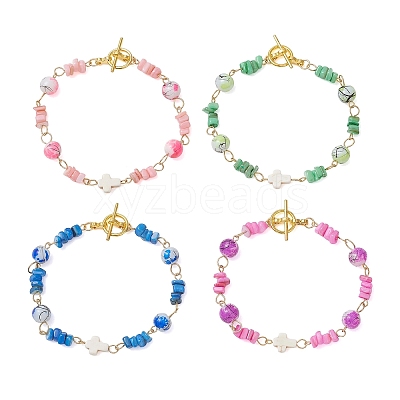 Glass & Natural Freshwater Shell Beaded Link Chain Bracelets BJEW-JB13393-1