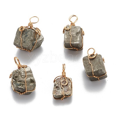 Cuboid Brass Natural Pyrite Pendants G-N0145-10-1