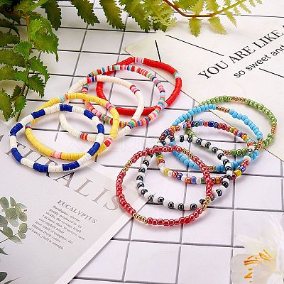 10Pcs 10 Style Handmade Polymer Clay Heishi Surfer Stretch Bracelets Set BJEW-SW00048-1