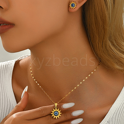 Vintage 201 Stainless Steel & Plastic Sun with Evil Eye Stud Earrings & Pendant Necklaces Set for Women EW9229-1