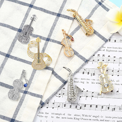 7Pcs 7 Styles Musical Instruments Alloy Rhinestone Lapel Pin Backs for Backpack Clothes JEWB-CJ0001-91-1