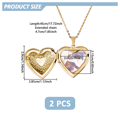2Pcs 316 Surgical Stainless Steel Heart Photo Locket Pendant Cable Chain Necklaces for Women NJEW-DC0001-15G-1