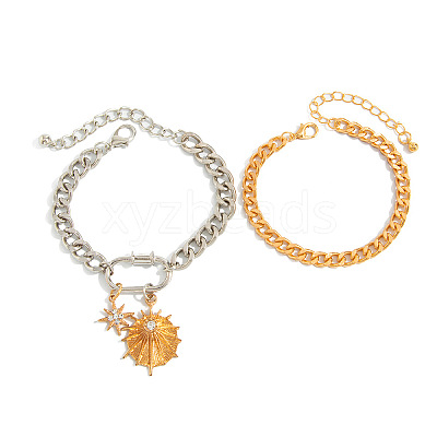 2Pcs 2 Styles Alloy & Iron & Crystal Rhinestone Charm Bracelets & Curb Chain Bracelets for Women FS-WGBE51F-01-1