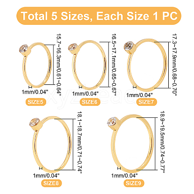 5Pcs 5 Style Flat Round Rhinestone Finger Rings RJEW-UN0001-08-1
