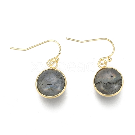 Flat Round Golden Tone Brass Natural Labradorite Dangle Earrings EJEW-M059-08-1