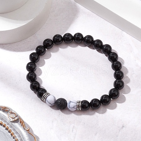 Natural Black Onyx Round Beads Stretch Bracelets BJEW-JB11493-02-1