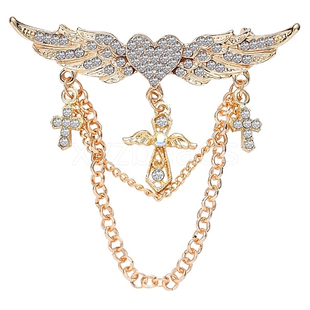 Heart with Angel Wings Alloy Full Crystal Rhinestone Hanging Chain Brooch PW-WGB7AF1-01-1