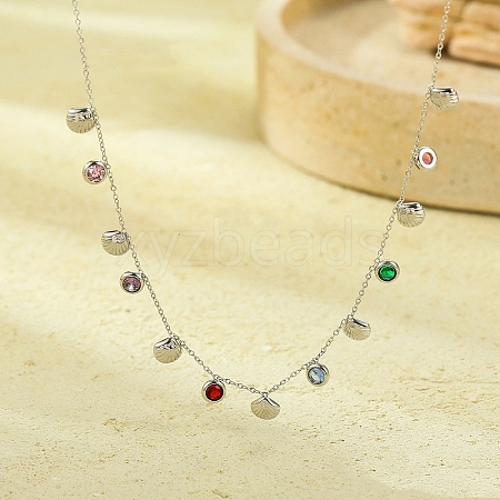 304 Stainless Steel Colorful Cubic Zirconia Flat Round & Shell Shaped Bib Necklaces for Women NJEW-U031-08P-01-1