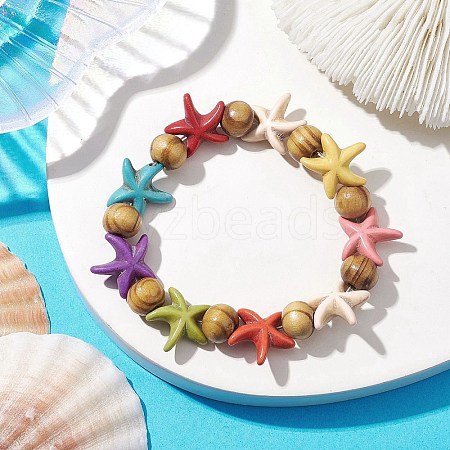 Beach Starfish Dyed Synthetic Turquoise Stretch Bracelets BJEW-JB10295-02-1