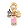 Brass Pink Enamel & Clear Cubic Zirconia Dangle Charms KK-M305-15G-02-1