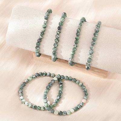 Natural Green Spot Jasper Bead Stretch Bracelets BJEW-K212-A-017-1