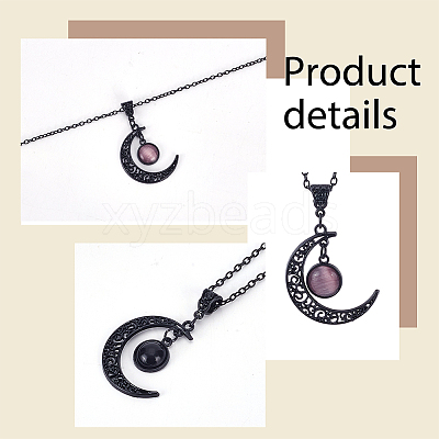 4Pcs 4 Colors Glass Flat Round & Alloy Moon Pendant Necklaces Set NJEW-AN0001-55-1