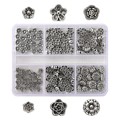 120Pcs 6 Style Tibetan Style Alloy Flower Beads TIBE-YW0001-26-1