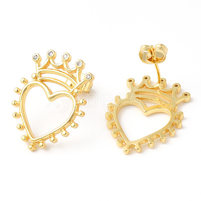 Clear Cubic Zirconia Hollow Heart with Crown Stud Earrings EJEW-R149-06G-1
