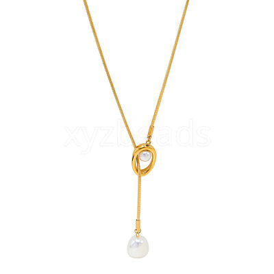 Adjustable 304 Stainless Steel & Imitation Pearl Oval Lariat Necklaces for Women FS-WG9D652-01-1