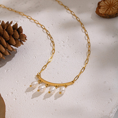 Natural Freshwater Pearl Rice Tassel 304 Stainless Steel Paperclip Chain Necklace for Women AR2544-1