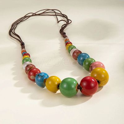Ethnic Style Porcelain Round Graduated Beaded Waxed Cord Necklaces for Women FS-WG62C5E-05-1