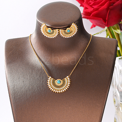 Brass Rhinestone Hollow Crescent Moon Pendant Necklace & Stud Earrings Sets with Synthetic Turquoise and Imitation Pearl LX5909-1
