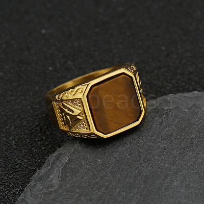 304 Stainless Steel with Natural Tiger Eye Finger Rings FS-WG06E27-04-1