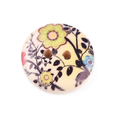 2-Hole Printed Wooden Buttons WOOD-E011-01-1