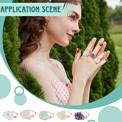5Pcs 5 Styles Natural Yellow Quartz & Fluorite & Rose Quartz & Amethyst & Quartz Crystal Adjustable Finger Rings RJEW-FG0001-02-1
