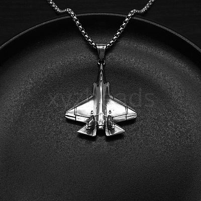 304 Stainless Steel 3D Airplane Pendant Necklaces for Men WG2E2E5-01-1