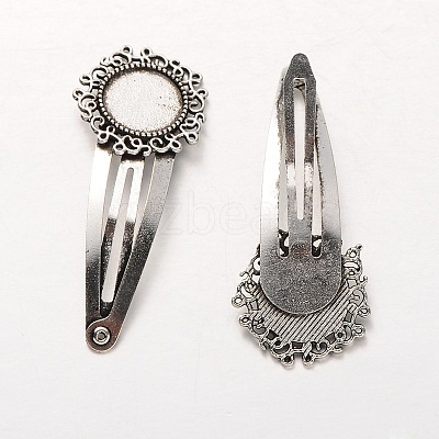Flower Iron Snap Hair Clips with Tibetan Style Alloy Round Trays X-MAK-J002-04AS-1