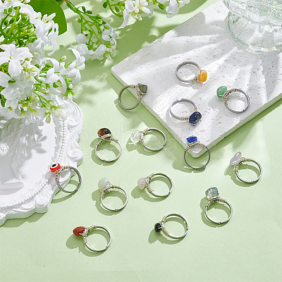 14Pcs 14 Styles 304 Stainless Steel & Gemstone Chip & Evil Eye Resin Finger Rings NJEW-WR00012-1
