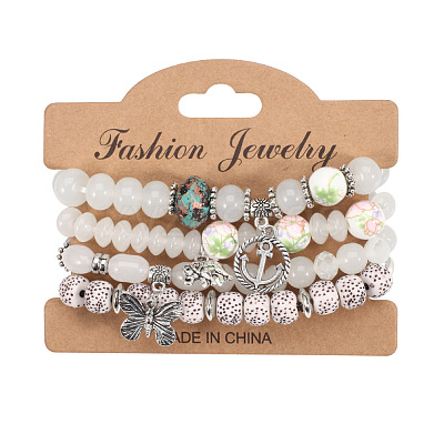4Pcs Bohemian Style Alloy & Glass & Acrylic Charm Bracelets Set WG8E884-01-1