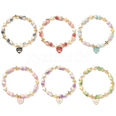 6Pcs 6 Colors Heart with Eye Alloy Enamel Charm Bracelets BJEW-JB12287-1