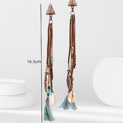 Alloy & Synthetic Turquoise & Natural Shell Tassel Dangle Stud Earrings FS-WGE89CC-01-1
