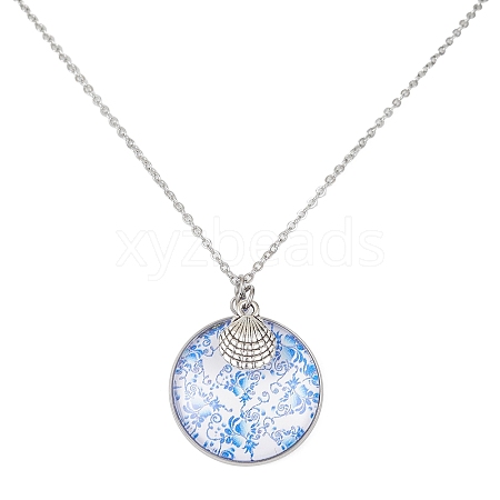 Steel Blue Glass Flat Round & Alloy Pendant Necklace NJEW-JN04453-01-1