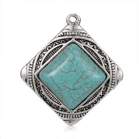 Antique Silver Plated Rhombus Alloy Dyed Synthetic Turquoise Pendants PALLOY-E399-01AS-1