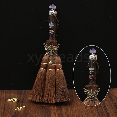 Wood Witch Broom with Synthetic Amethyst Pendant Decorations AUTO-PW0001-15E-1