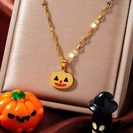 Stainless Steel Enamel Halloween Pumpkin Pendant Dapped Chain Necklaces DY1462-1